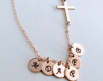 Personalized Sideways cross Mom necklace, kids initial necklace mothers day monogram necklace hand stamped Initial catholic blessed necklace