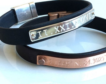 Personalized Leather Bracelet Coordinate engraved Copper plate custom leather bracelet for men gift for him Altitude Longitude Bracelet