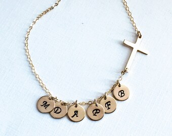 Personalized Mom necklace Sideways cross necklace, gift for mom,  initial catholic monogram necklace, hand stamped Initial blessed necklace