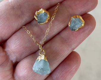 Raw Aquamarine gemstone necklace earring set March birthstone birthday gift raw stone jewelry