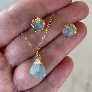 Raw Aquamarine gemstone necklace earring set March birthstone birthday gift raw stone jewelry