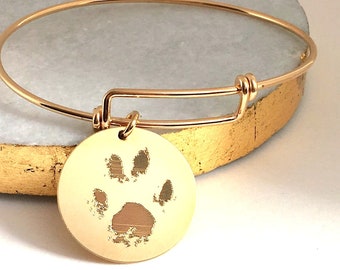 Dog Paw Print Bracelet Engraved Your Pet's actual Paw engraved bracelet handwriting pet memorial coin round shape pet bracelet 14K Gold Fill