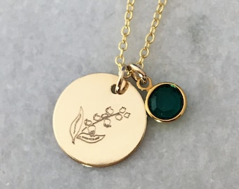May Birthflower Birthstone Necklace with Birth flower lily emerald birthstone necklace Mother daughter necklace  gift for daughter from mom