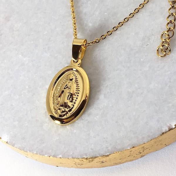 Virgin Mother Mary Pendant Necklace, Miraculous Medal, Gold Medallion Necklace, Religious Catholic, Gold Coin, Kim Kardashian coin necklace