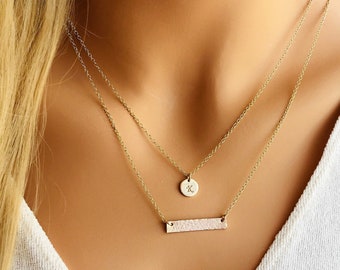 Gold Layering Necklace 2 necklaces with initial and bar necklace simple layering two necklace name necklace gift for girlfriend