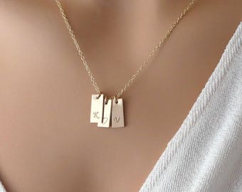 Mom necklace Mini Tag Initial Necklace Simple Initials dainty Necklace Multiple name Necklace Gift for wife hand stamped initial 14K Gold