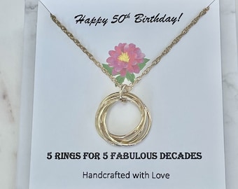 50th Birthday Gift for women, 5 ring for 5 decades, 5 links necklace, 18K gold filled Necklace Sterling Silver gift for wife for birthday