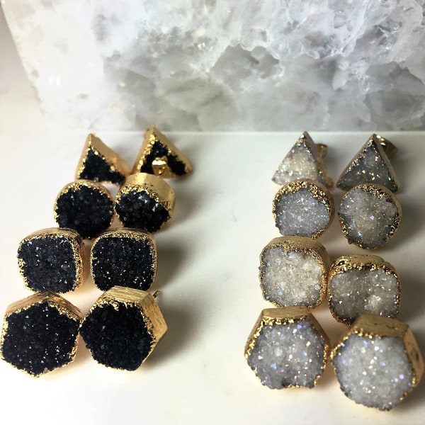 Raw Druzy Earrings, Raw Stone Earrings White Druzy Gold Stone Earrings, Druzy Studs, Sparkly Crystal Bridesmaid Earrings Gift for Bridesmaid
