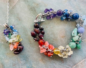 7 chakra Necklace Bracelet set Natural Chakra stones Healing Crystal set Gift for wife Seven chakra jewelry with healing calming crystals