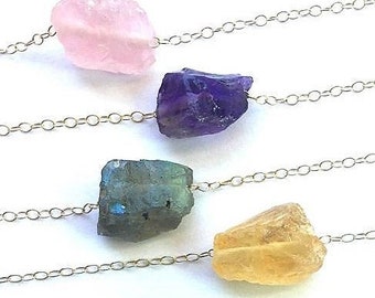 Raw Crystal Necklace Rough Birthstone Necklace Healing Crystal Choker Raw Crystal Necklace, Simple dainty stone necklace 14K gold silver