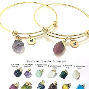 May include: Two gold bangle bracelets with raw gemstone charms. The charms are different colors and represent the birthstones for each month of the year. The bracelets are engraved with the letters "W" and "N".