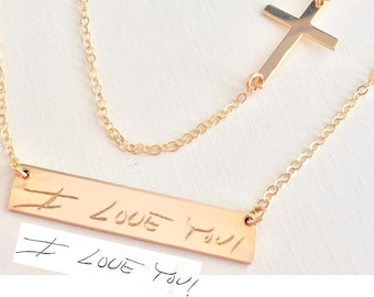 Handwriting necklace Memorial Necklace Layered Necklace cross actual Handwritten Necklace / drawing engraved Rose Gold Personalized engraved