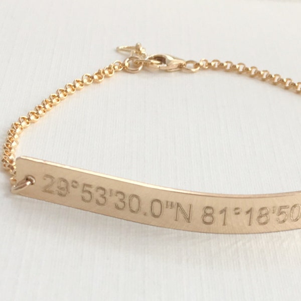 Custom Coordinates Bracelet Personalized 14k Gold Filled Sterling Silver Rose Gold Filled Perfect Bar Bracelet Name bracelet engraved