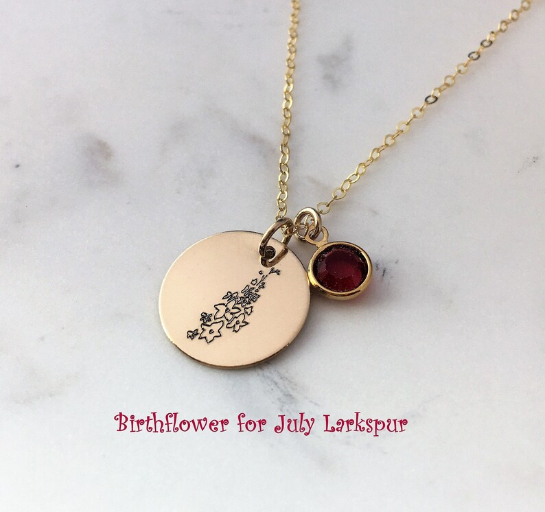 July Birthflower Ruby Birthstone Necklace Birth flower Larkspur birthstone necklace