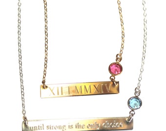 Engraved Gold Bar Necklace: Personalized Roman Numeral Date, Birthstone