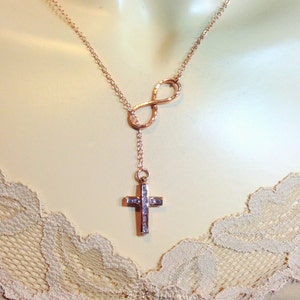 GOLD Infinity Lariat Cross Necklace Gold Filled CZ Cross Infinity Faith Necklace / Cross Infinity Catholic Jewelry Diamond Cross image 1