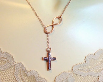 GOLD Infinity Lariat Cross Necklace - Gold Filled CZ Cross Infinity  - Faith Necklace / Cross Infinity - Catholic Jewelry - Diamond Cross