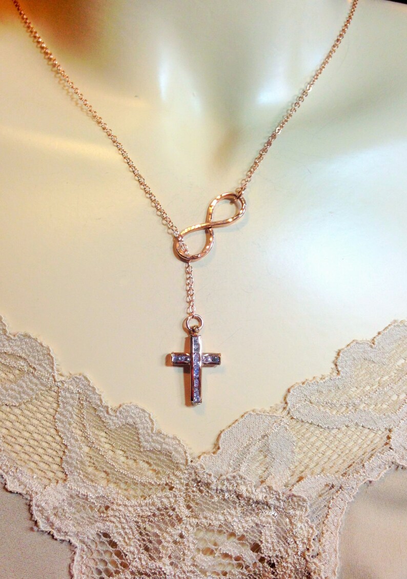 GOLD Infinity Lariat Cross Necklace Gold Filled CZ Cross Infinity Faith Necklace / Cross Infinity Catholic Jewelry Diamond Cross image 1