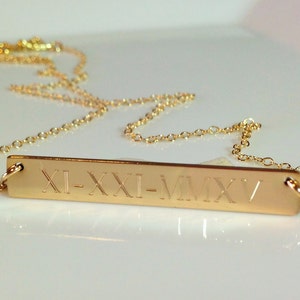 WEDDING DATE, GOLD bar Necklace, Roman Numeral Personalized necklace, Nameplate, Engraved Horizontal Gold Bar, Monogram name necklace image 1