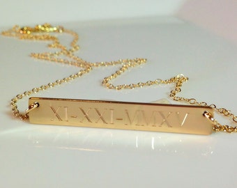WEDDING DATE, GOLD bar Necklace, Roman Numeral Personalized necklace, Nameplate, Engraved Horizontal Gold Bar,  Monogram name necklace