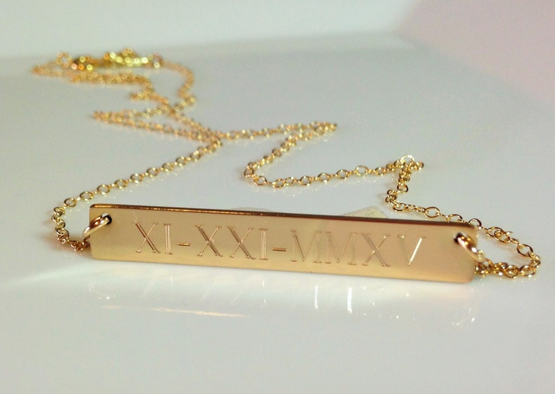 WEDDING DATE, GOLD bar Necklace, Roman Numeral Personalized necklace, Nameplate, Engraved Horizontal Gold Bar, Monogram name necklace image 1