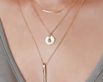 Layered Gold Necklace - Multi Strand Necklace -  Layering Necklace - Skinny Bar / Set of 3 Layering Necklaces / Personalized Disc Necklaces