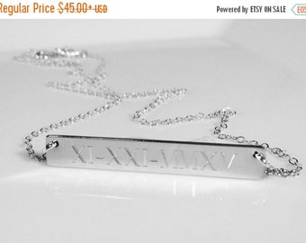 Personalized Sterling Silver Bar Necklace: Engraved Roman Numeral Monogram