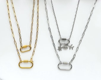 Gold Carabiner Necklace Silver paperclip Charm Holder Jewelry Tarnish Free Trendy Chunky Chain Statement Necklace Birthday Gift for Women