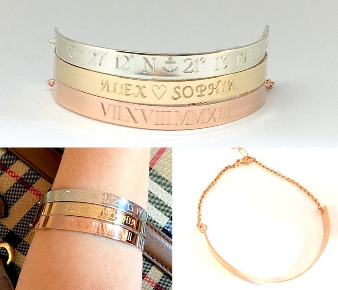 Personalized Engraved Half Cuff Bracelet Name Bracelet Rose Etsy