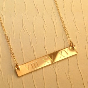 WEDDING DATE, GOLD bar Necklace, Roman Numeral Personalized necklace, Nameplate, Engraved Horizontal Gold Bar, Monogram name necklace image 3