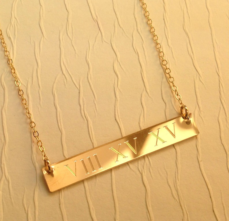 WEDDING DATE, GOLD bar Necklace, Roman Numeral Personalized necklace, Nameplate, Engraved Horizontal Gold Bar, Monogram name necklace image 3