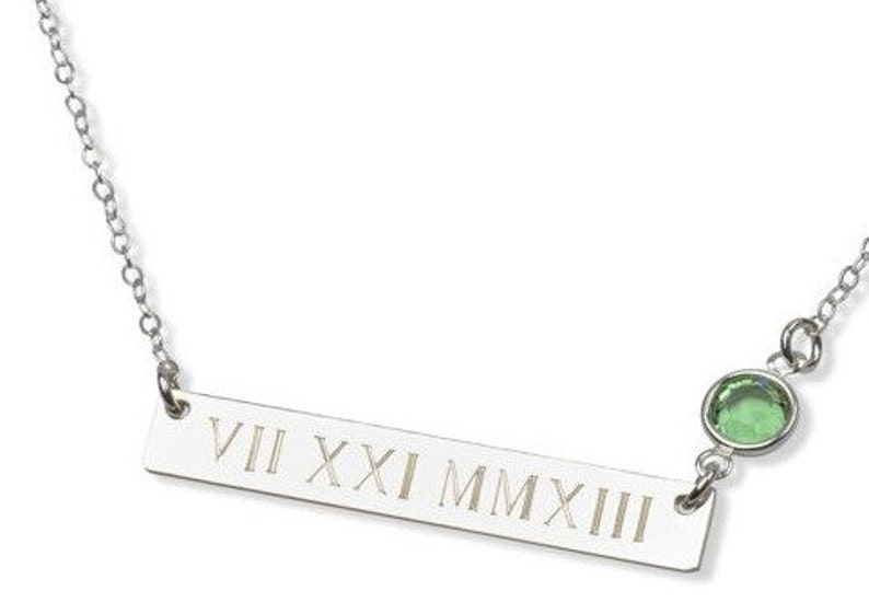 ROMAN NUMERAL WEDDING Date Sterling Silver Custom Personalized Gold bar necklace Nameplate Engraved Horizontal Monogram name necklace image 3