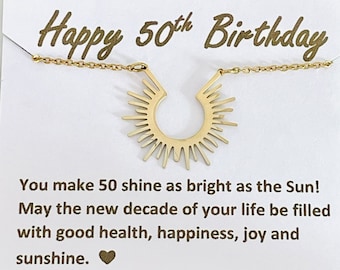 50th birthday gift for women Decades necklace for 20th 30th 40th 50th 60th 70th 80th Gold sunshine necklace Decade Jewelry with message card