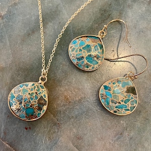 Gift for wife Turquoise Necklace Earring set gift for sister mom friend Gold fill Raw turquoise stone Jewelry natural turquoise