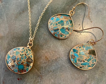 Gift for wife Turquoise Necklace Earring set gift for sister mom friend Gold fill Raw turquoise stone Jewelry natural turquoise