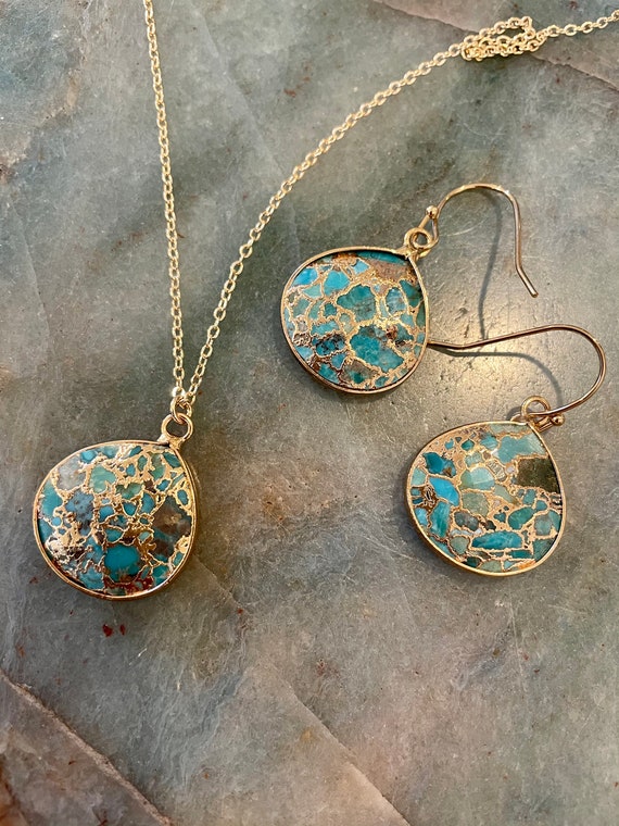 Gift for wife Turquoise Necklace Earring set gift for sister mom friend Gold fill Raw turquoise stone Jewelry natural turquoise