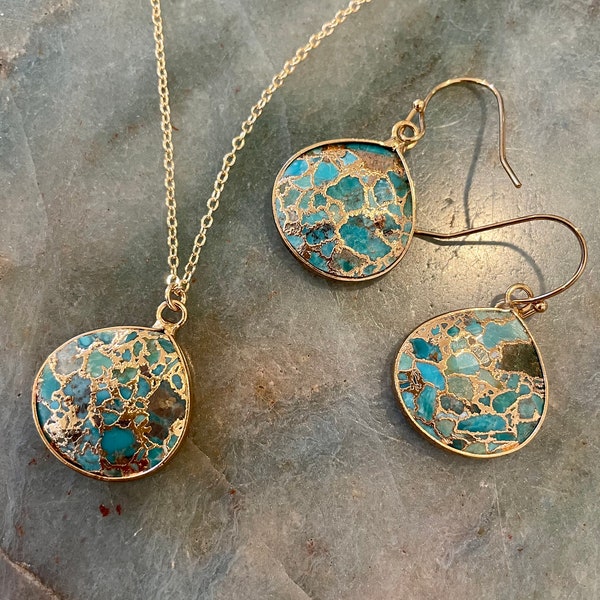 Gift for wife Turquoise Necklace Earring set gift for sister mom friend Gold fill Raw turquoise stone Jewelry natural turquoise