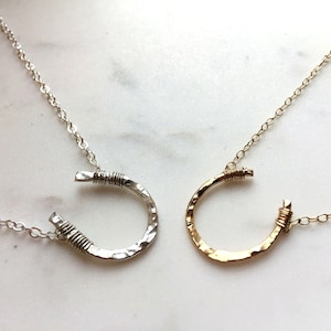 Horseshoe Necklace Dainty Chain Hammered Sterling Silver 14K Gold Fill