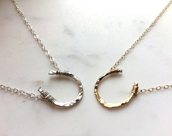 Horseshoe Necklace Dainty Chain Hammered Sterling Silver 14K Gold Fill