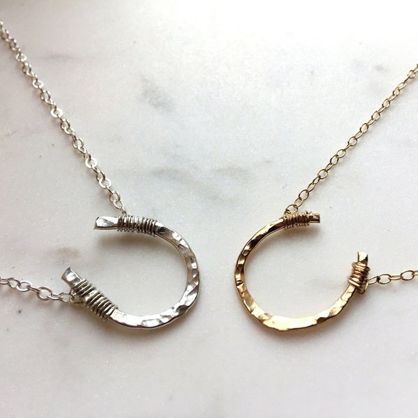 Horseshoe Necklace Dainty Chain Hammered Sterling Silver 14K Gold Fill