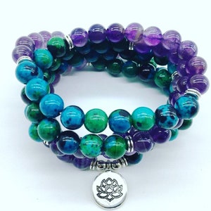 108 Mala Bead Necklace Amethyst Chrysocolla Protection inner peace gift mental health meditation stress relief yoga bracelet natural stone