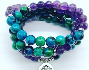 108 Mala Bead Necklace Amethyst Chrysocolla Protection inner peace gift mental health meditation stress relief yoga bracelet natural stone