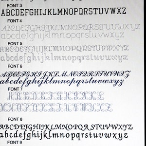 May include: A close-up image of ten different font styles, labeled "FONT 1" through "FONT 10". Each font style displays the alphabet in uppercase and lowercase letters.