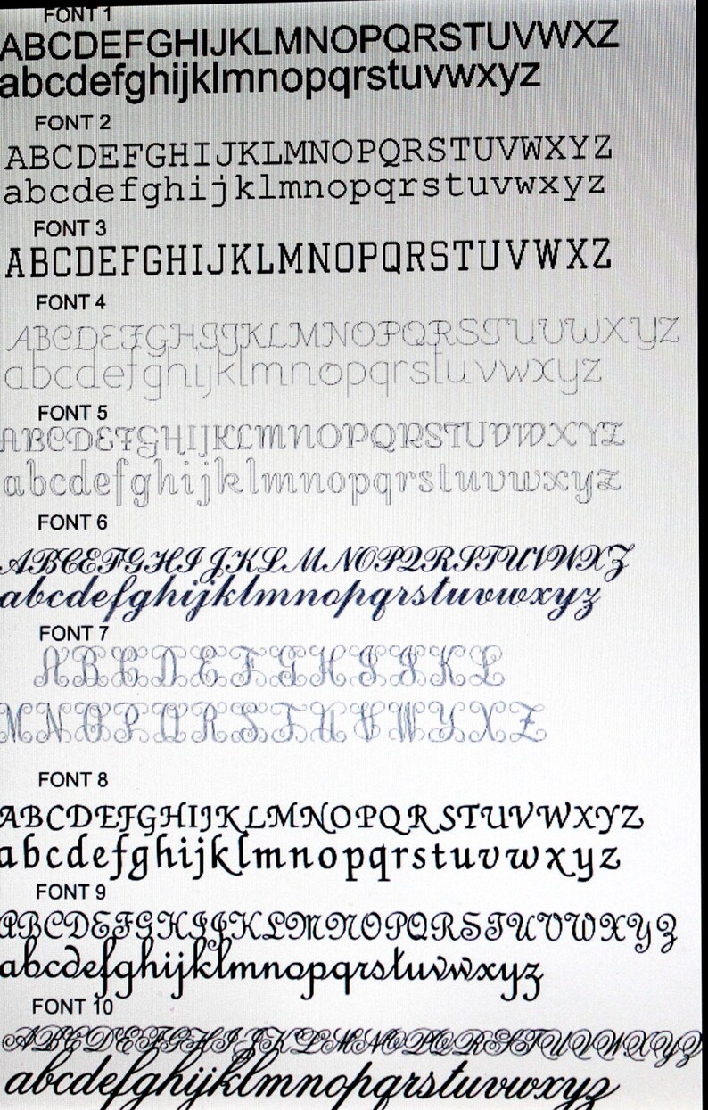 May include: A close-up image of ten different font styles, labeled "FONT 1" through "FONT 10". Each font style displays the alphabet in uppercase and lowercase letters.