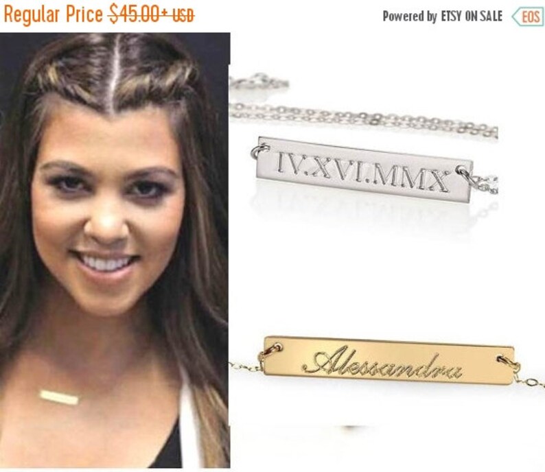 Personalized Gold Bar Necklace Mothers Children/'s Name Monogram Silver Celebrity Style Engraved Bar Necklace Nameplate Name Necklace