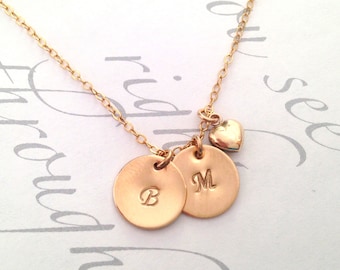 Gold Initial Necklace Personalized Disc Necklace Handstamped Initials with heart charm Romantic jewelry Heart Initial Necklace Gold Filled