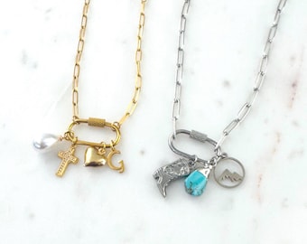 Build Your Own Charm Carabiner Necklace Custom charm Necklace for women Changeable Gold Charm Jewelry Pick Your charm paperclip chain