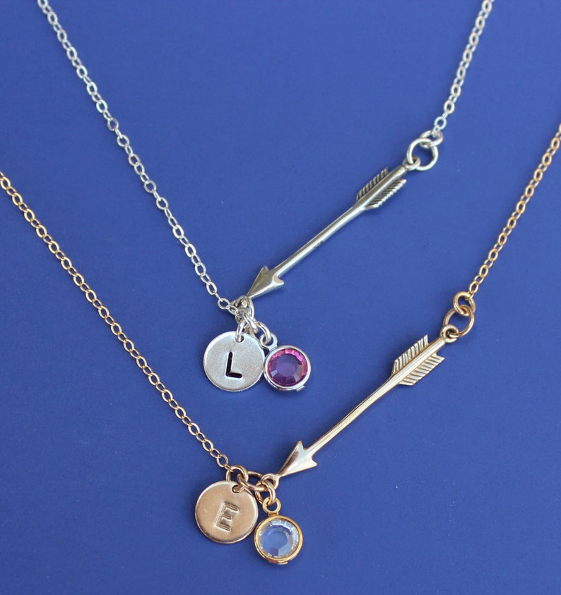 Sideways arrow necklace Birthstone necklace Sterling Silver Arrow Gold Personalized Necklace Arrow necklace Hand-stamped Disc