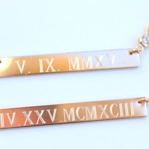 ROMAN NUMERAL WEDDING Date Sterling Silver Custom Personalized Gold bar necklace Nameplate Engraved Horizontal Monogram name necklace image 1