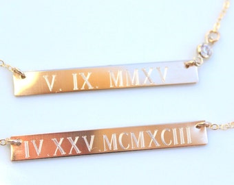 ROMAN NUMERAL WEDDING Date Sterling Silver Custom Personalized Gold bar necklace Nameplate Engraved Horizontal  Monogram name necklace